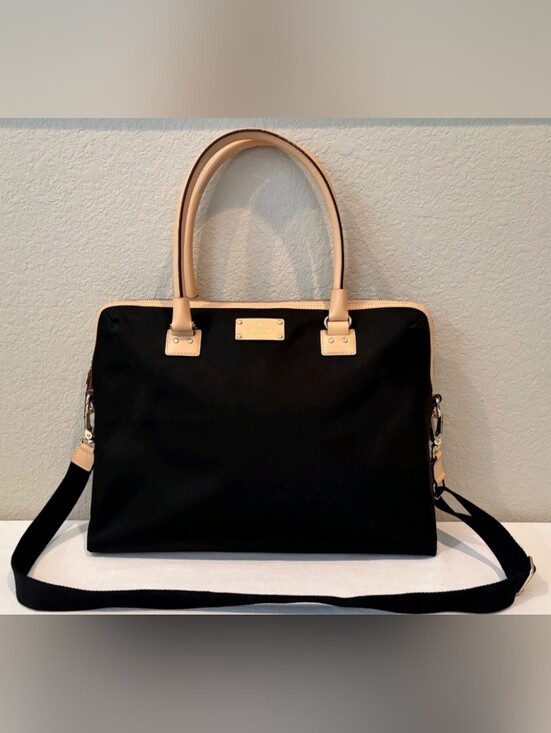 kate spade Handbags - Kate Spade Kennedy Nylon Black 16” Laptop Shoulder Bag Black Tan Leather Handles